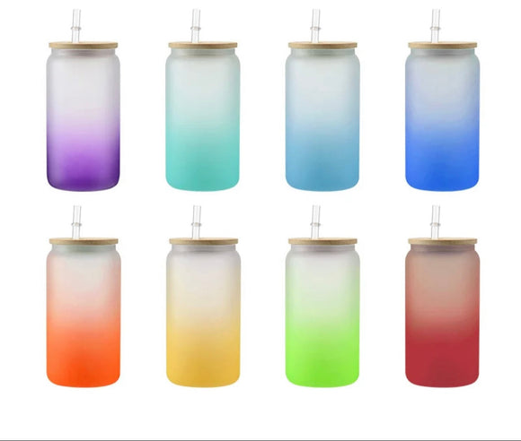 Blank 16oz glass ombre cups with lids and straws