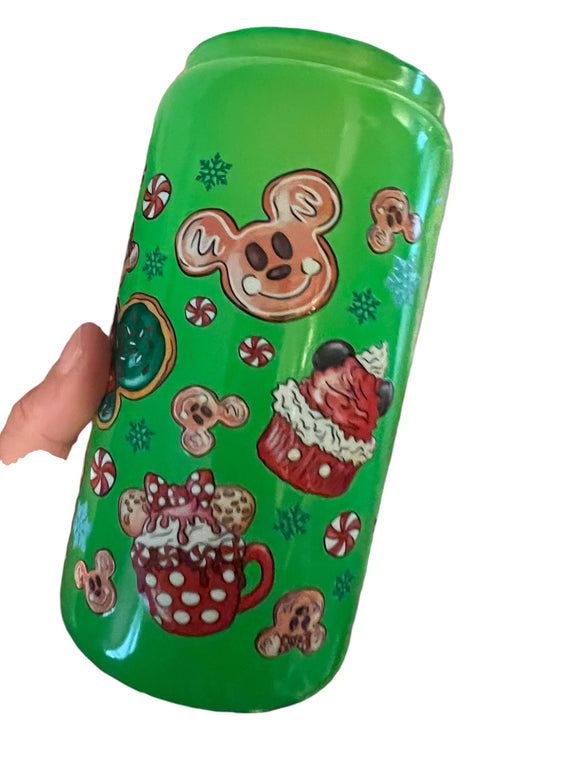 Mouse Christmas snack 16oz green glass cup