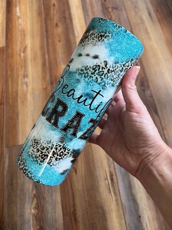 Teal cowhide and leopard tumbler